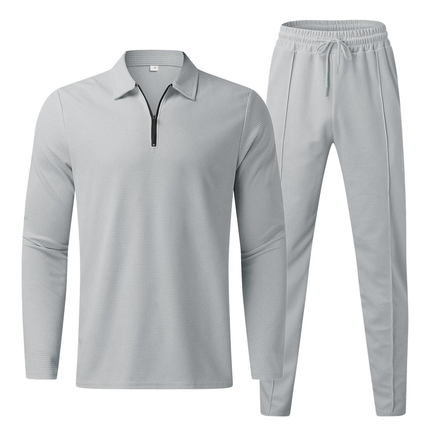 Men's Waffle Set Solid Color Turndown Casual Sports Zipper Long Sleeve Pants Sports Two-Piece Set