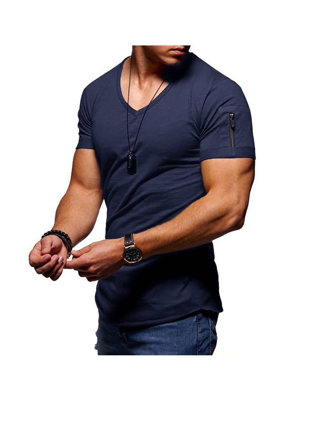 Men's Solid Color V- neck Short Sleeve T-shirt WIth Zippered Sleeve Arms