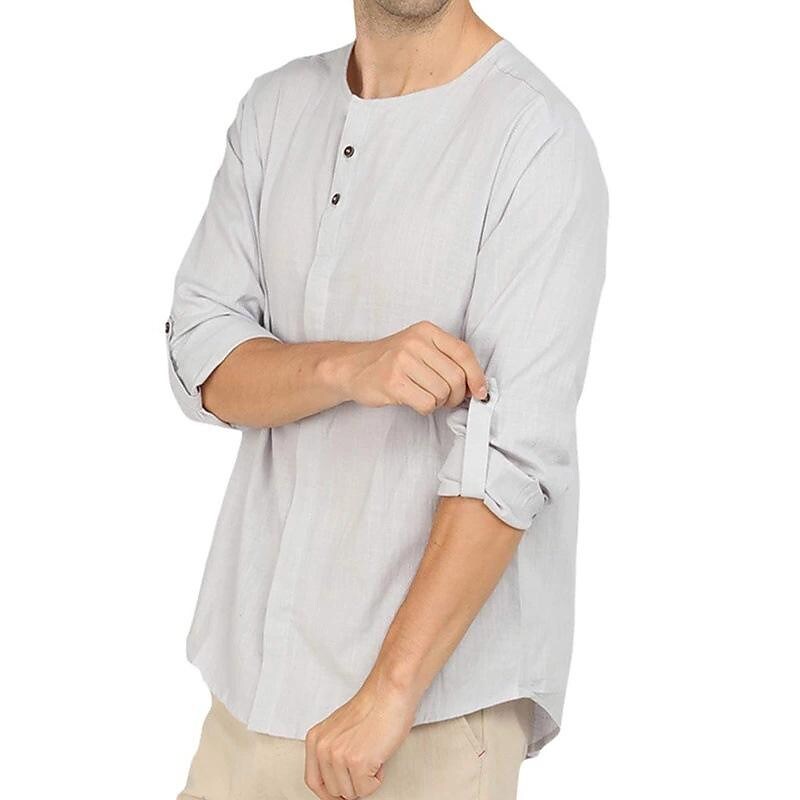 Men's Cotton Linen Solid Color Long Sleeve Shirt