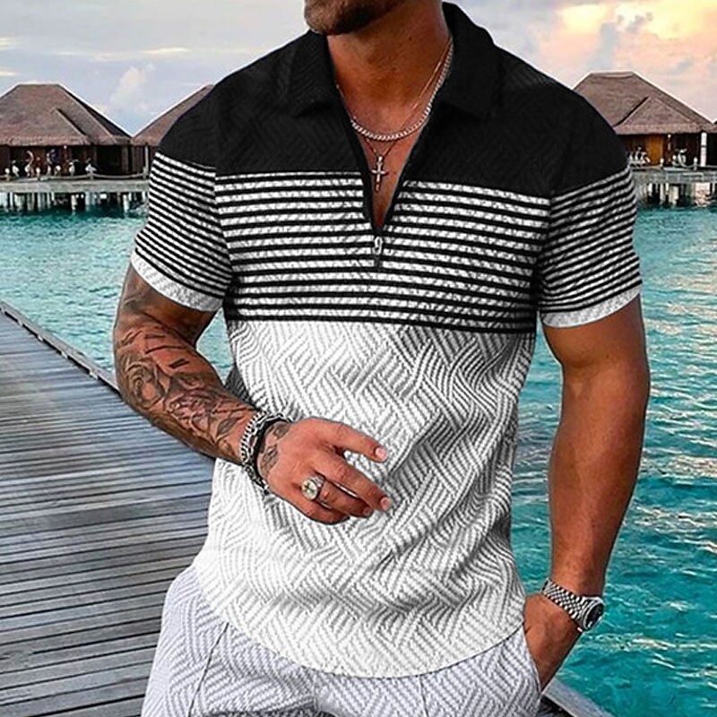 Men's Striped Turndown Street Sleeve Tops Casual Zipper Polo T Shirt