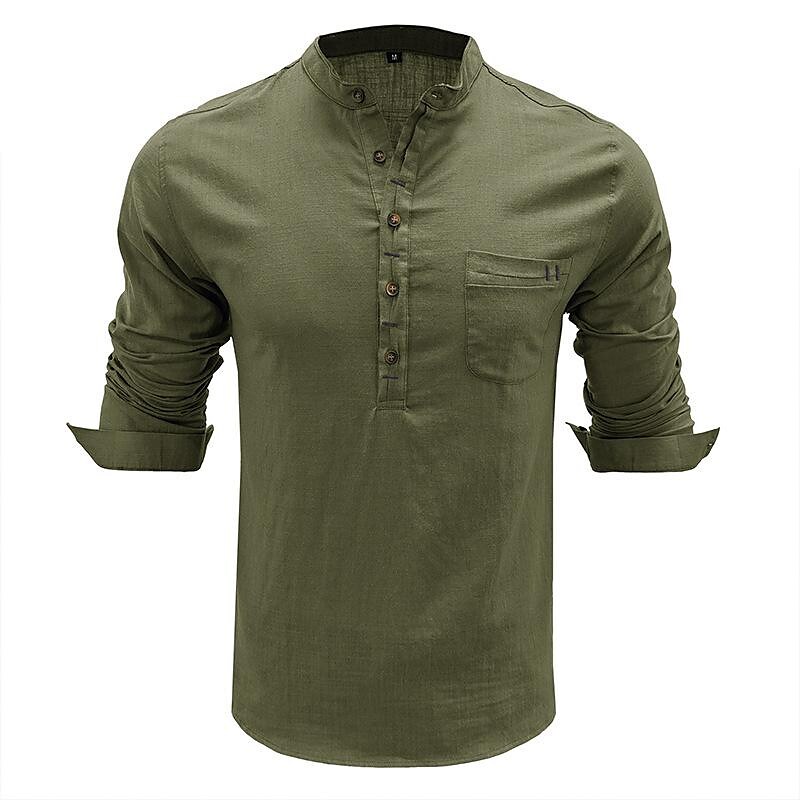 Men's Cotton Linen Slub Cotton Henley Collar Long Sleeve Shirt