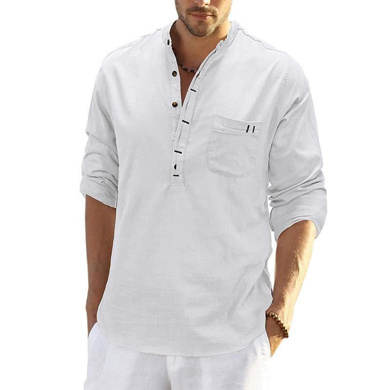 Men's Cotton Linen Slub Cotton Henley Collar Long Sleeve Shirt