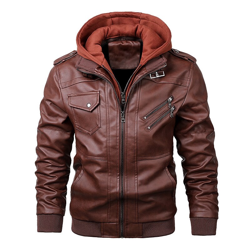 Men's Faux Leather Outdoor Waterproof Solid Color Fake Two Piece Hooded Jacket