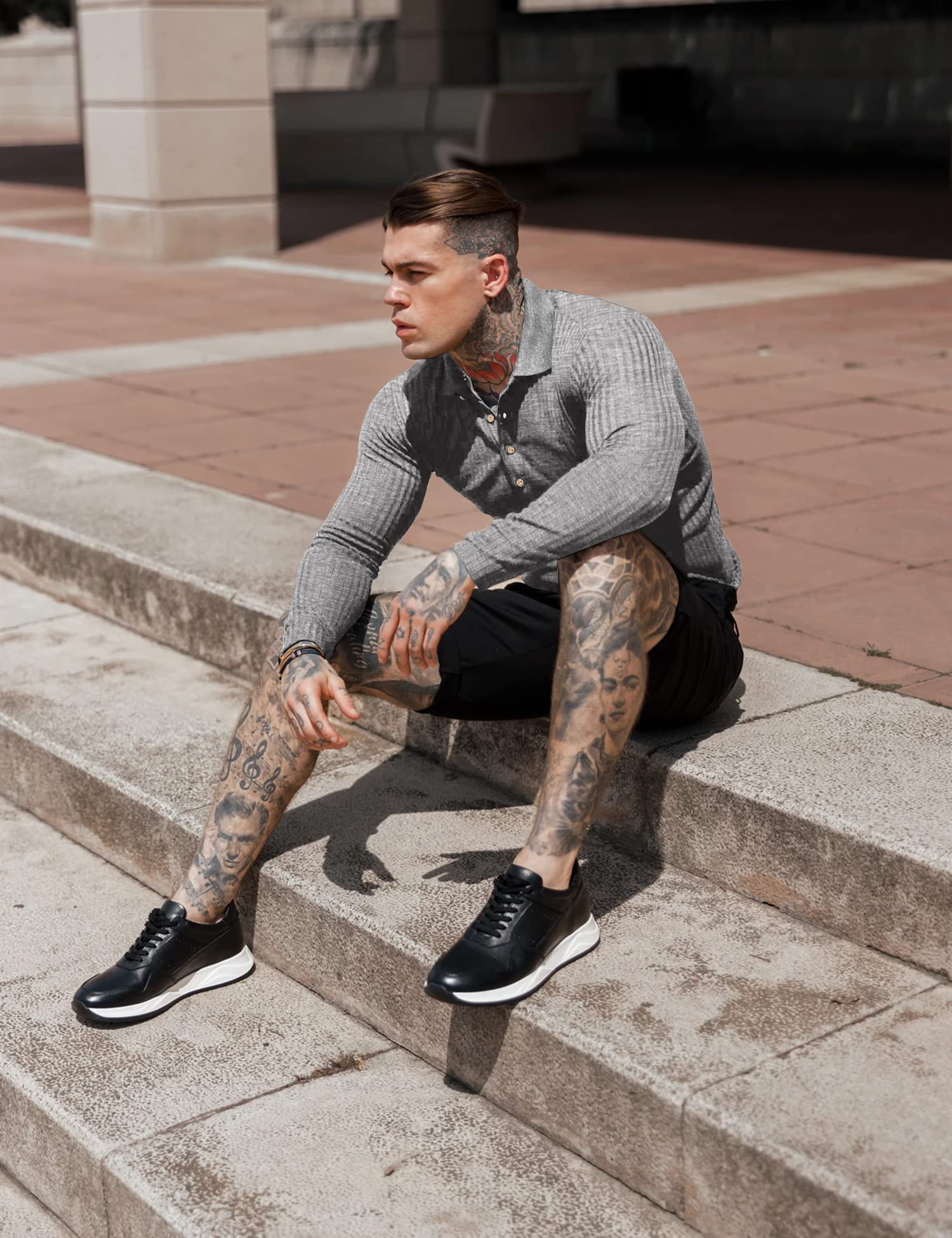 Men's Muscle Ribbed Texture Solid Color Long Sleeve Polo Shirt