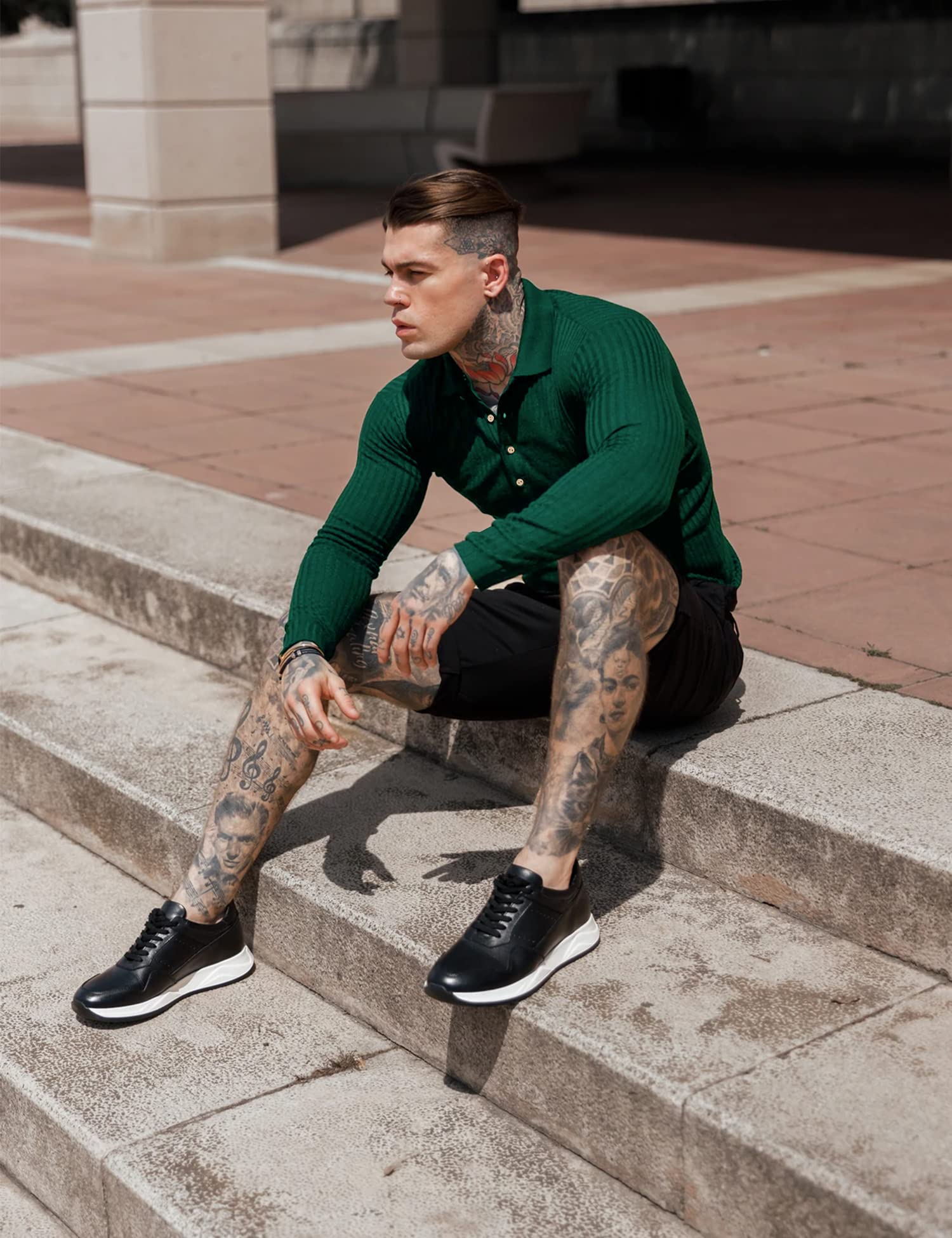 Men's Muscle Ribbed Texture Solid Color Long Sleeve Polo Shirt