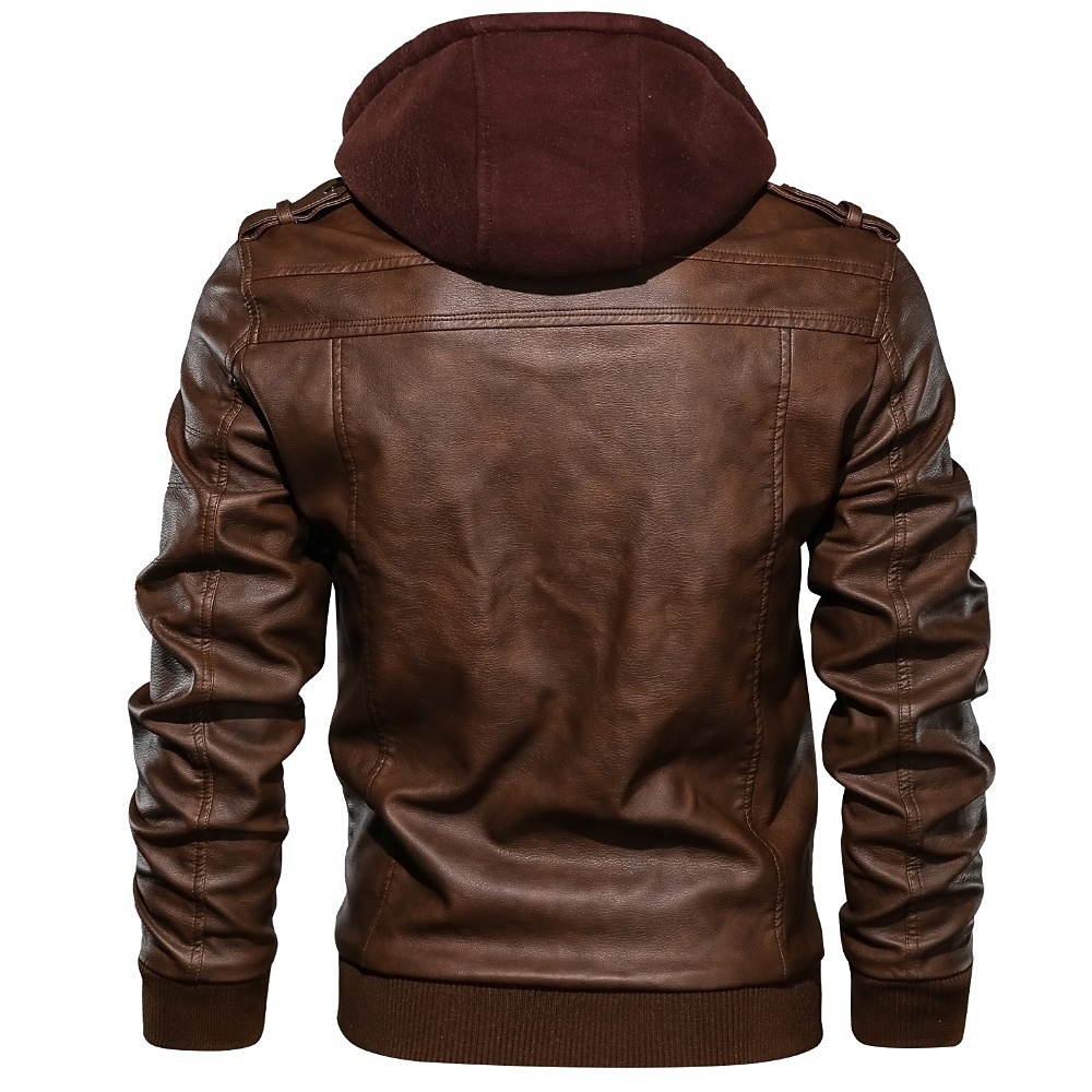 Men's Faux Leather Outdoor Waterproof Solid Color Fake Two Piece Hooded Jacket