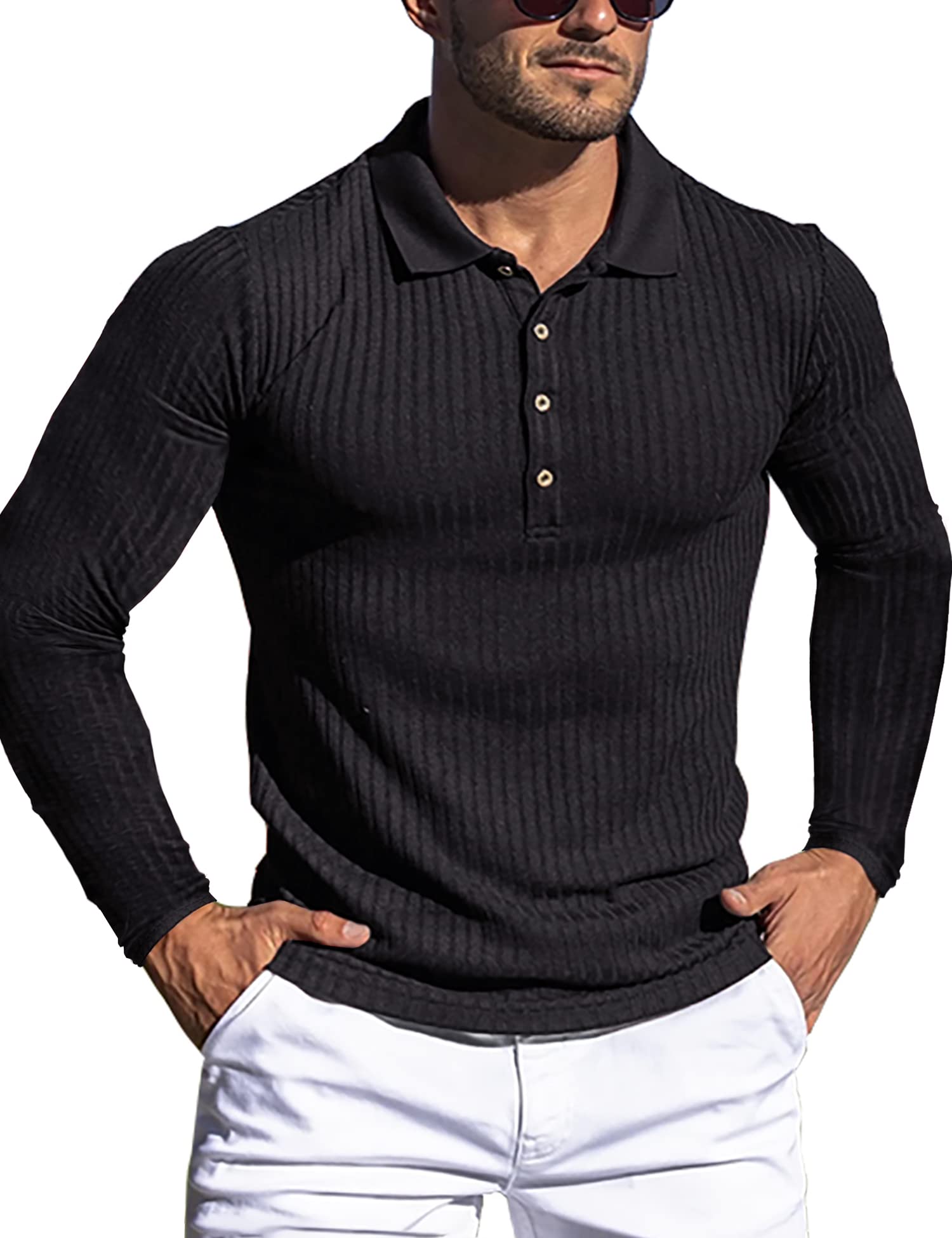 Men's Muscle Ribbed Texture Solid Color Long Sleeve Polo Shirt