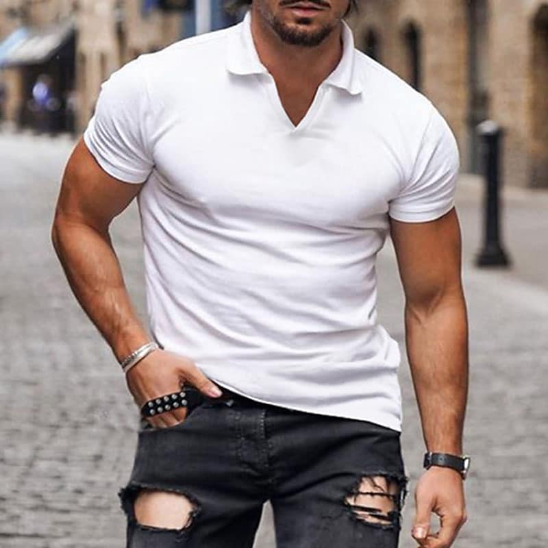 Men's Solid Color Notch Neck Casual Short Sleeve T-shirt
