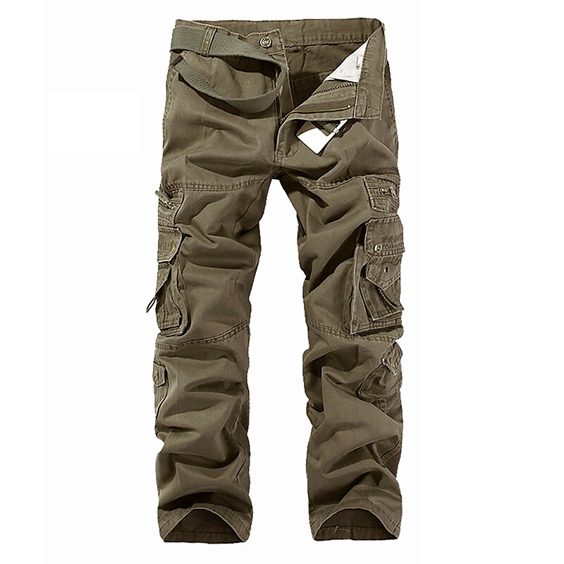Men's Classic Solid Color Straight Zipper And Button Cargo Pants With Multi Pockets (Belt Not Included)