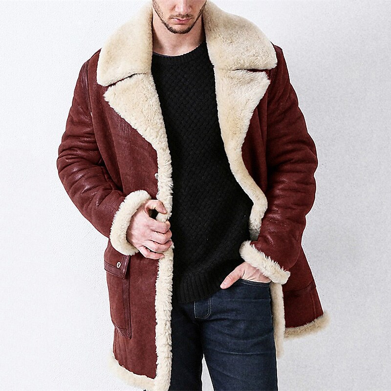 Men's Faux Leather Single Breasted Faux Fur Trim Shearling Coat
