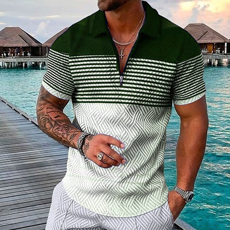 Men's Striped Turndown Street Sleeve Tops Casual Zipper Polo T Shirt