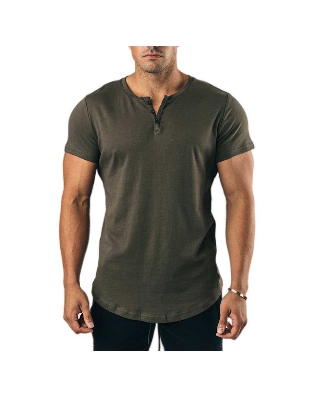 Rolland Solid Color Henley Back Waist Design Short Sleeve T-shirt