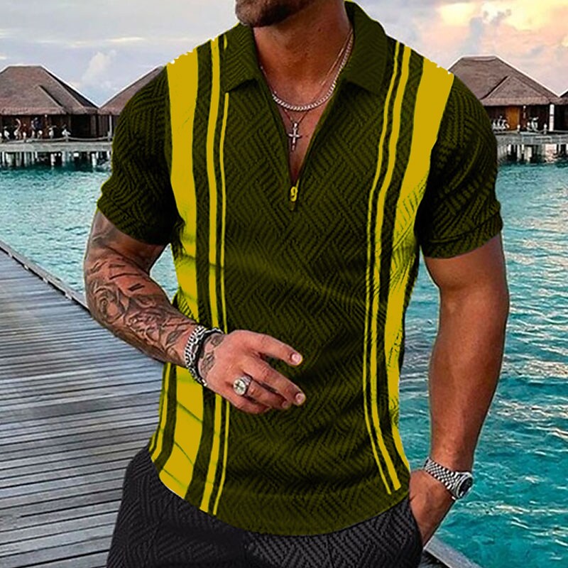 Men's Striped Turndown Street Casual Zipper Polo T-shirt