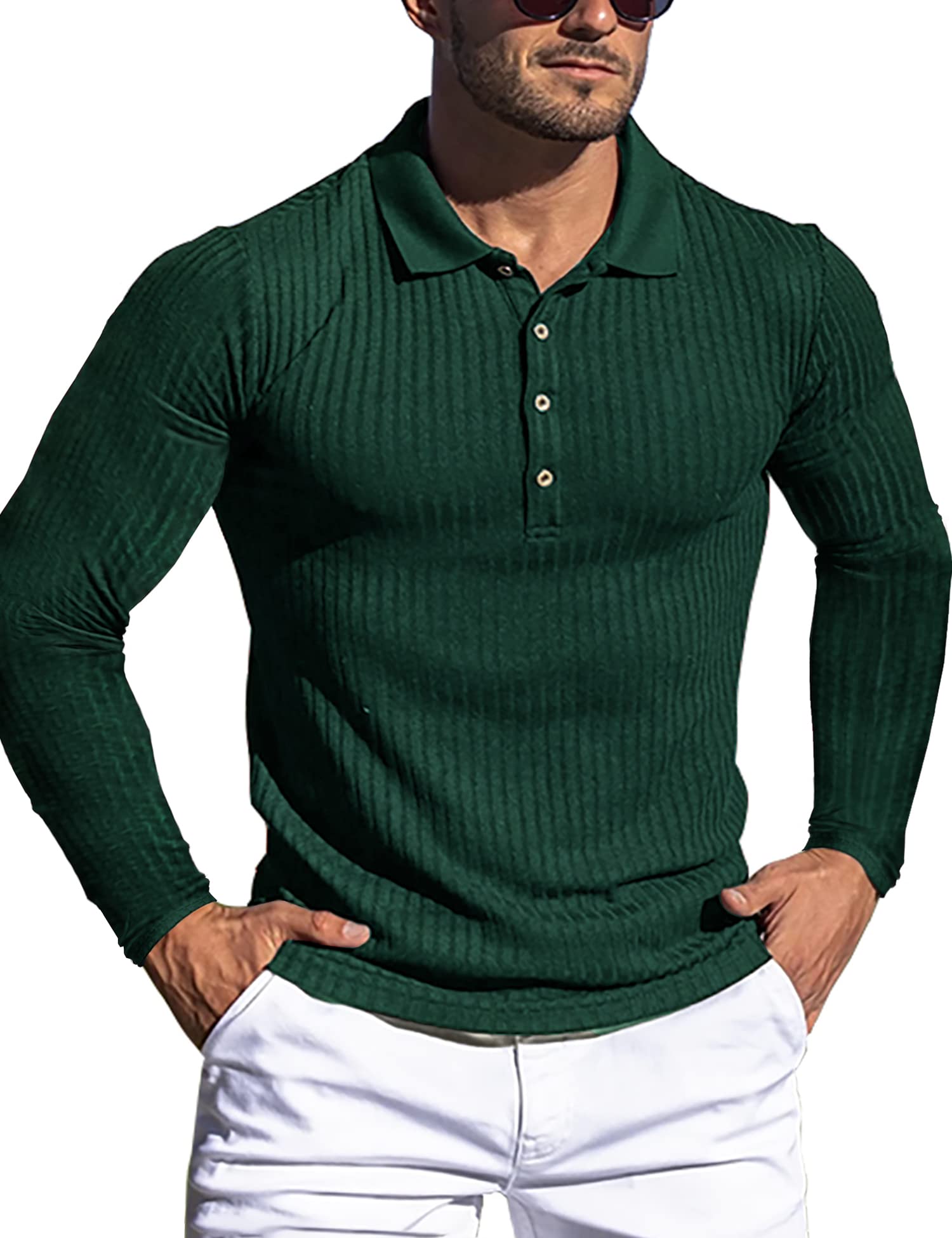 Men's Muscle Ribbed Texture Solid Color Long Sleeve Polo Shirt
