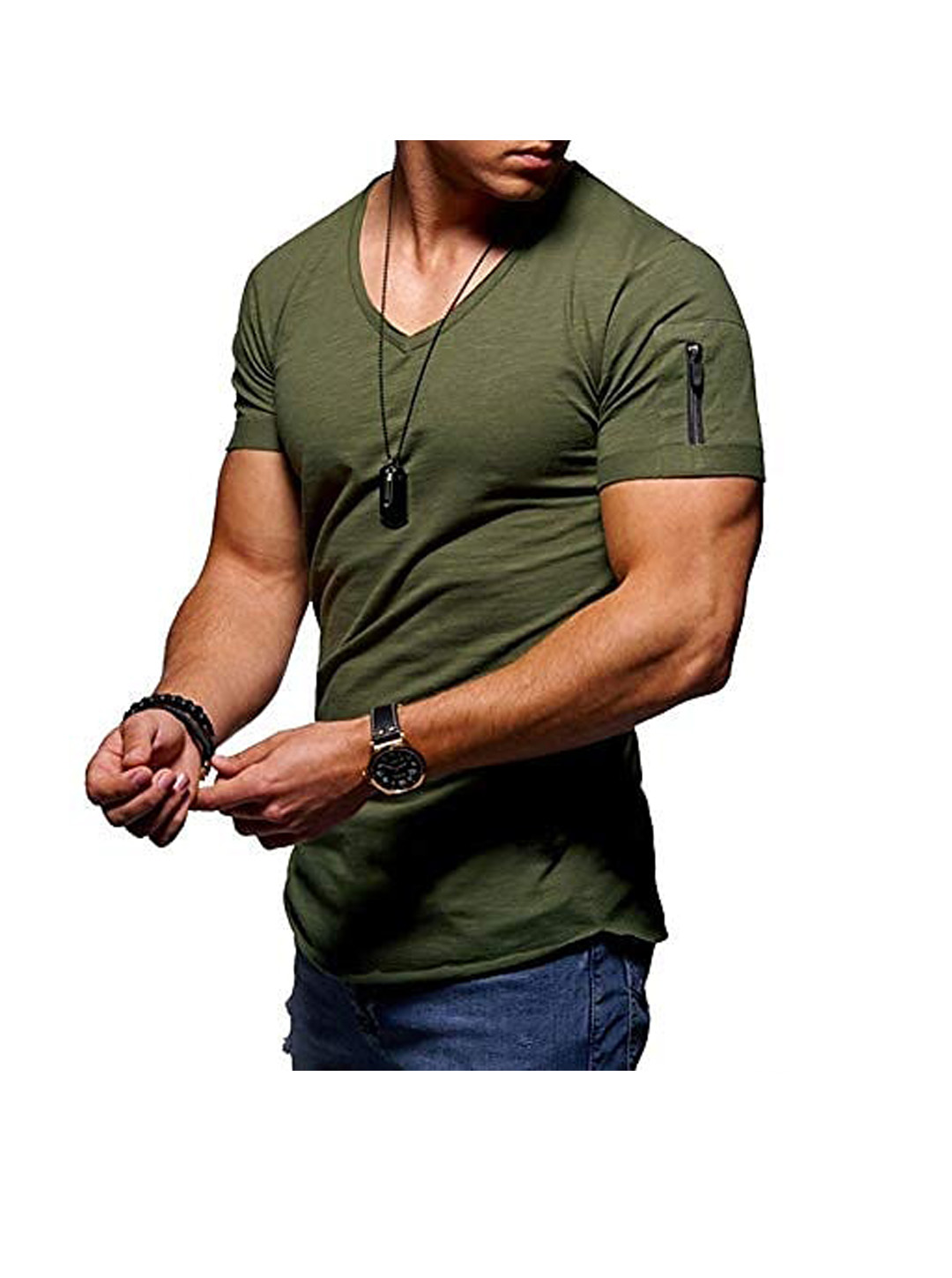 Men's Solid Color V- neck Short Sleeve T-shirt WIth Zippered Sleeve Arms