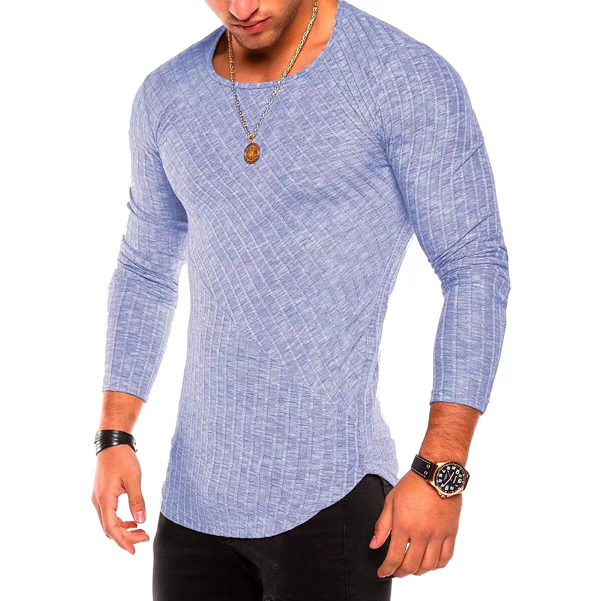 Men's Vintage Striped Crew Neck Green Casual Long Sleeve T-shirt
