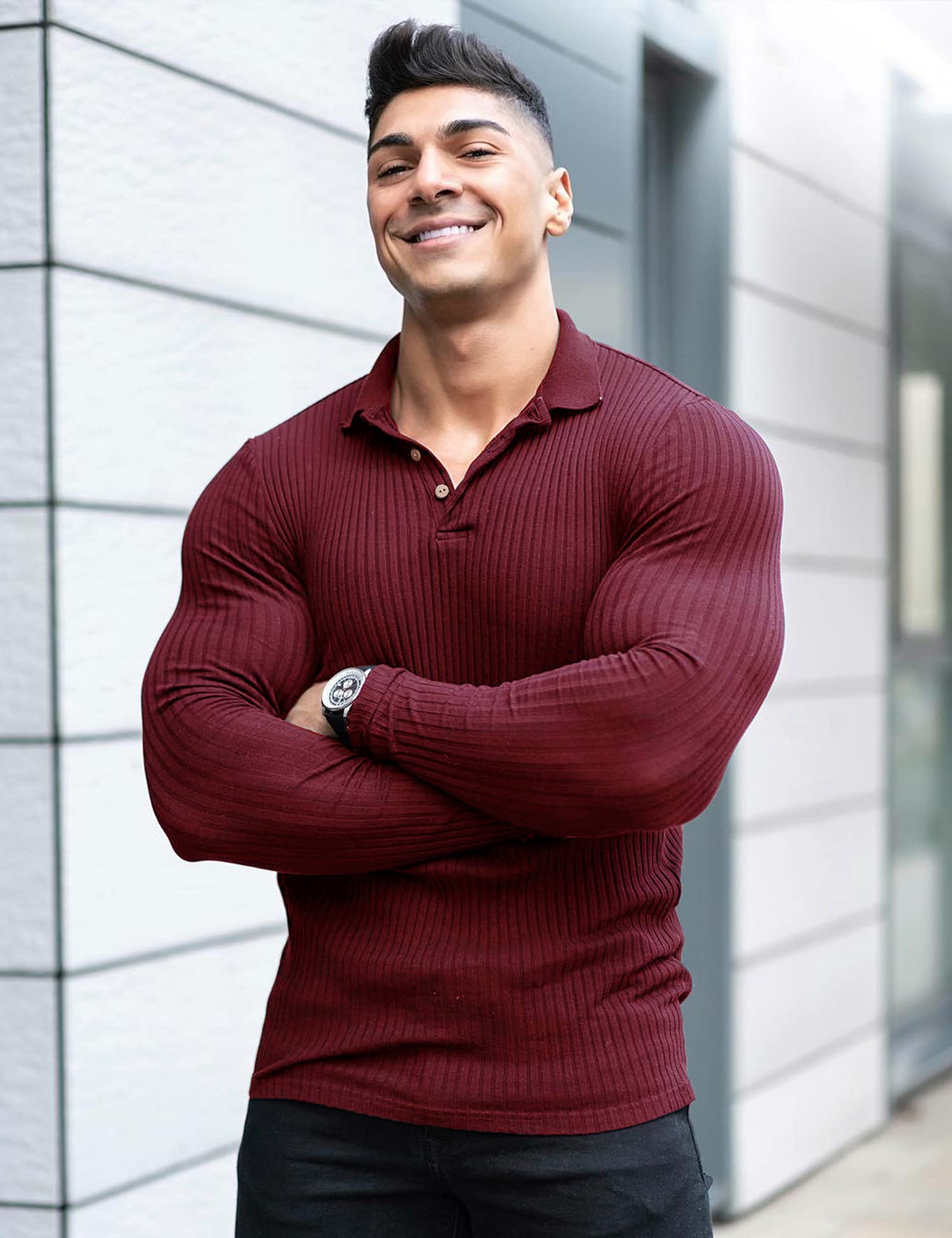Men's Muscle Ribbed Texture Solid Color Long Sleeve Polo Shirt