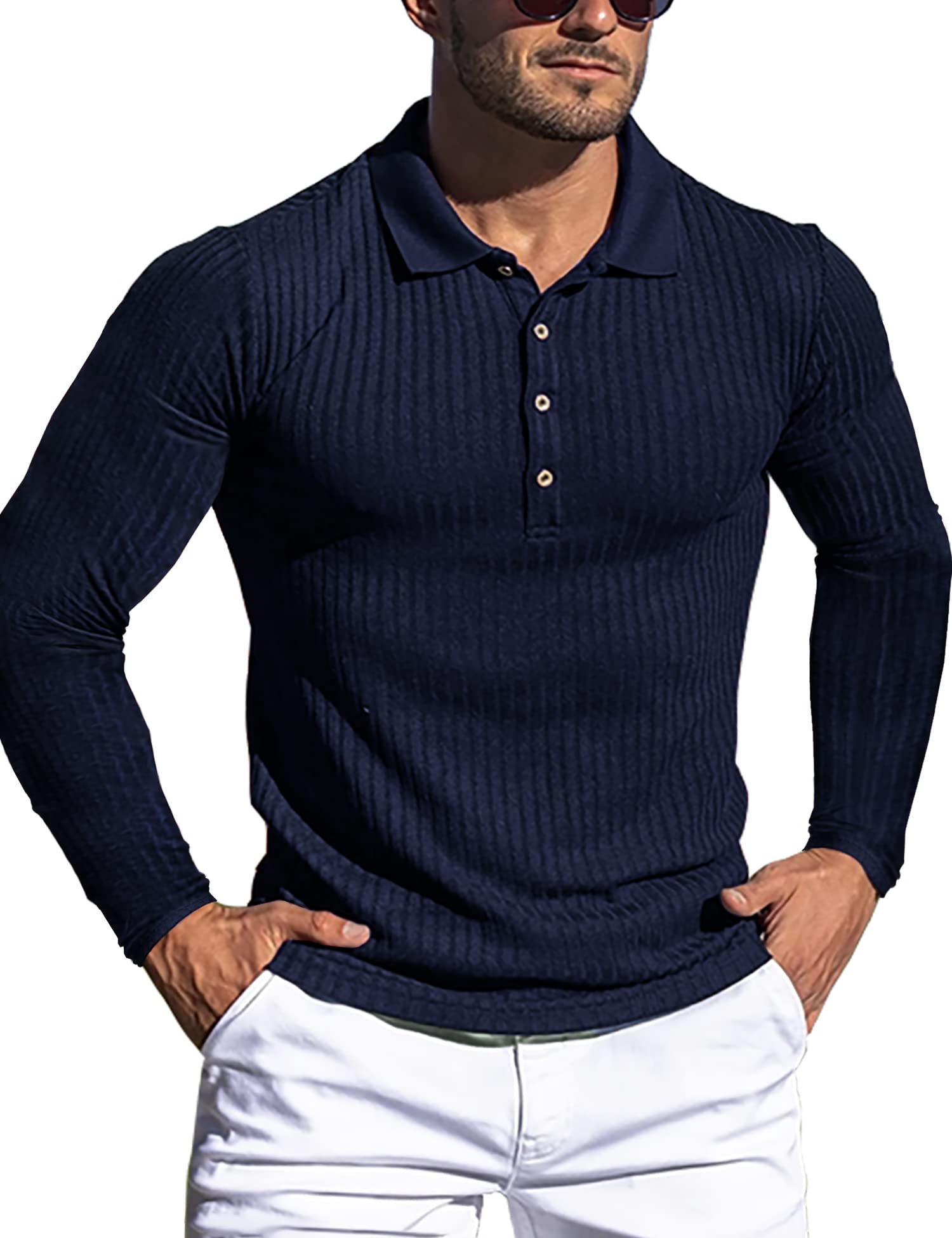 Men's Muscle Ribbed Texture Solid Color Long Sleeve Polo Shirt