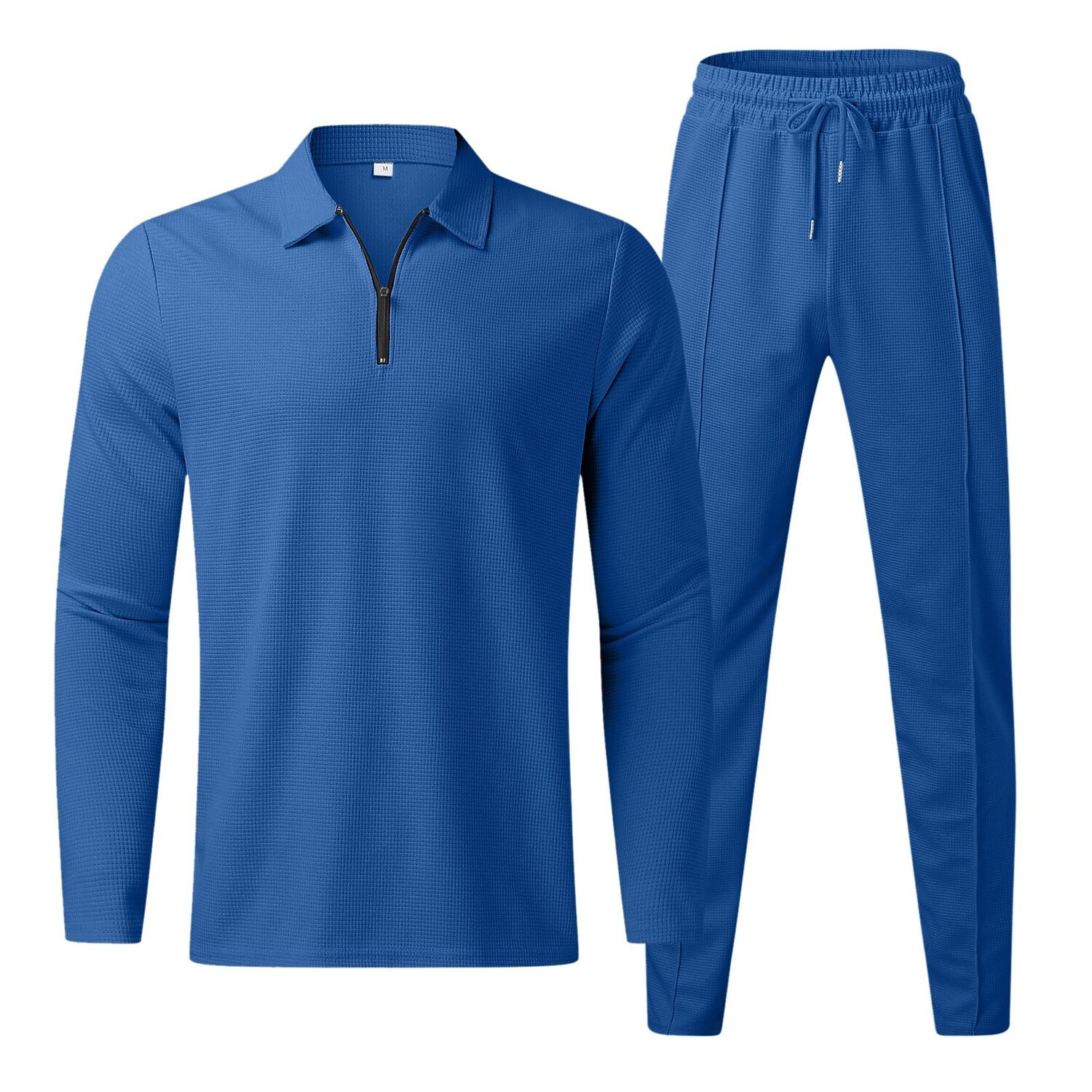 Men's Waffle Set Solid Color Turndown Casual Sports Zipper Long Sleeve Pants Sports Two-Piece Set