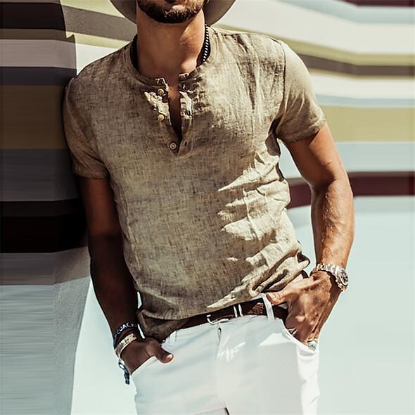 Men's Cotton Linen Short Sleeve Button Down Shirt
