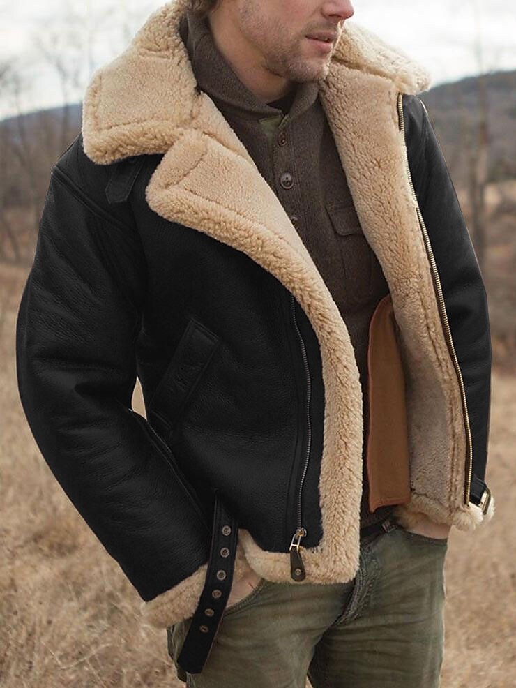 Men's Faux-Shearling Solid Color Leather Jacket Warm Windproof Outdoor