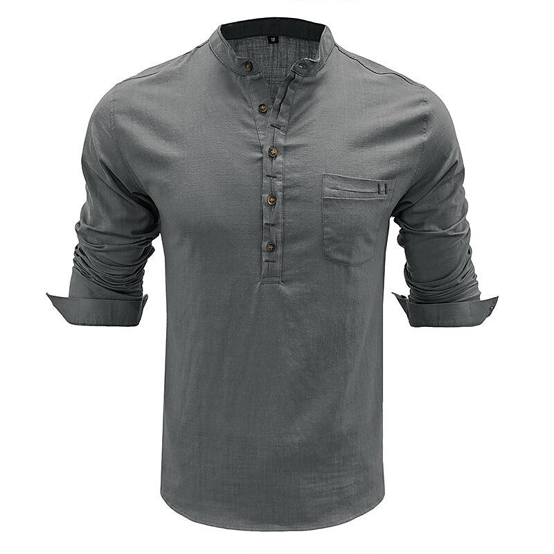 Men's Cotton Linen Slub Cotton Henley Collar Long Sleeve Shirt
