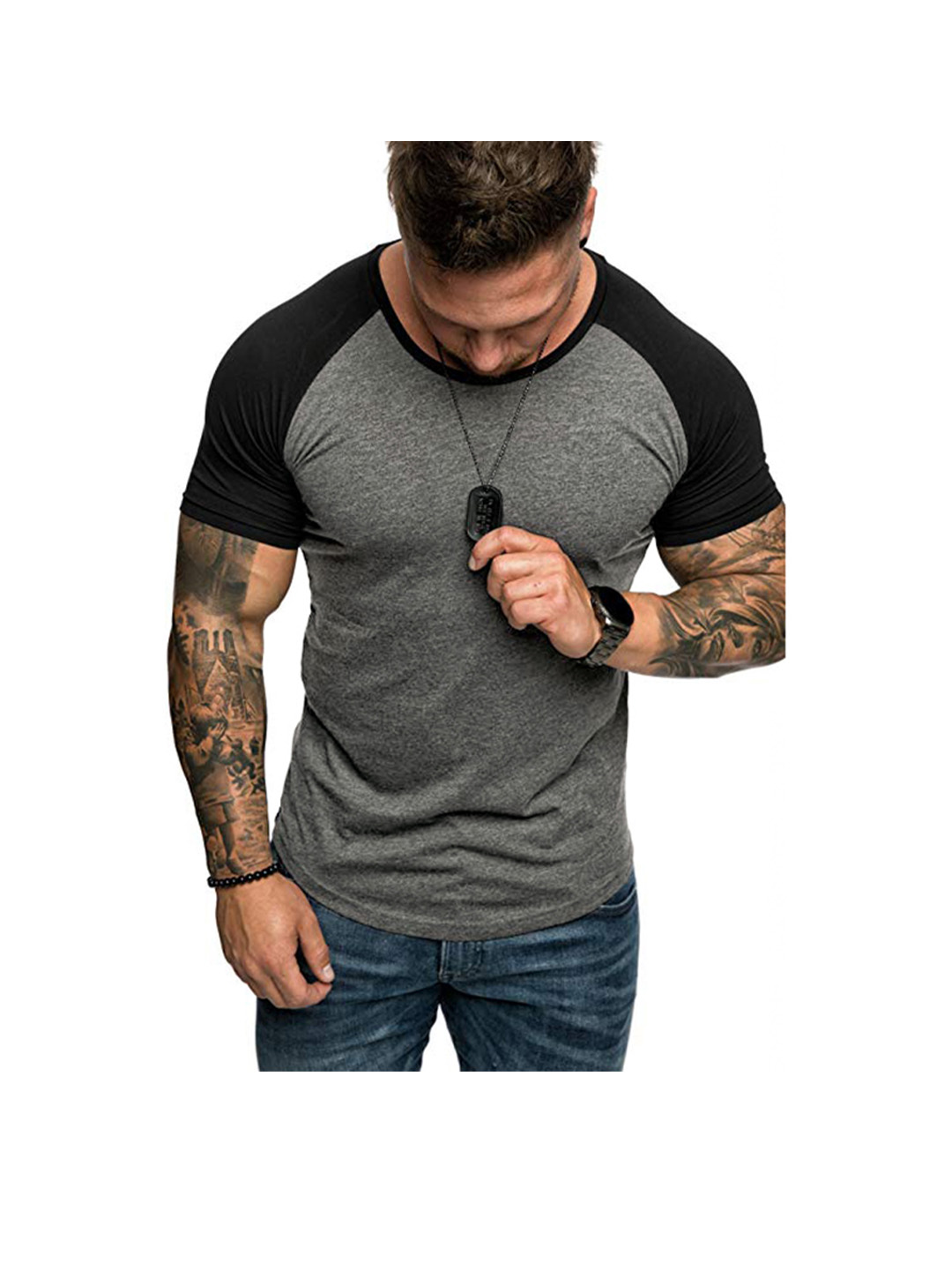 Men's Raglan Sleeve Color Block Short Sleeve T-Shirt Soft Breathable