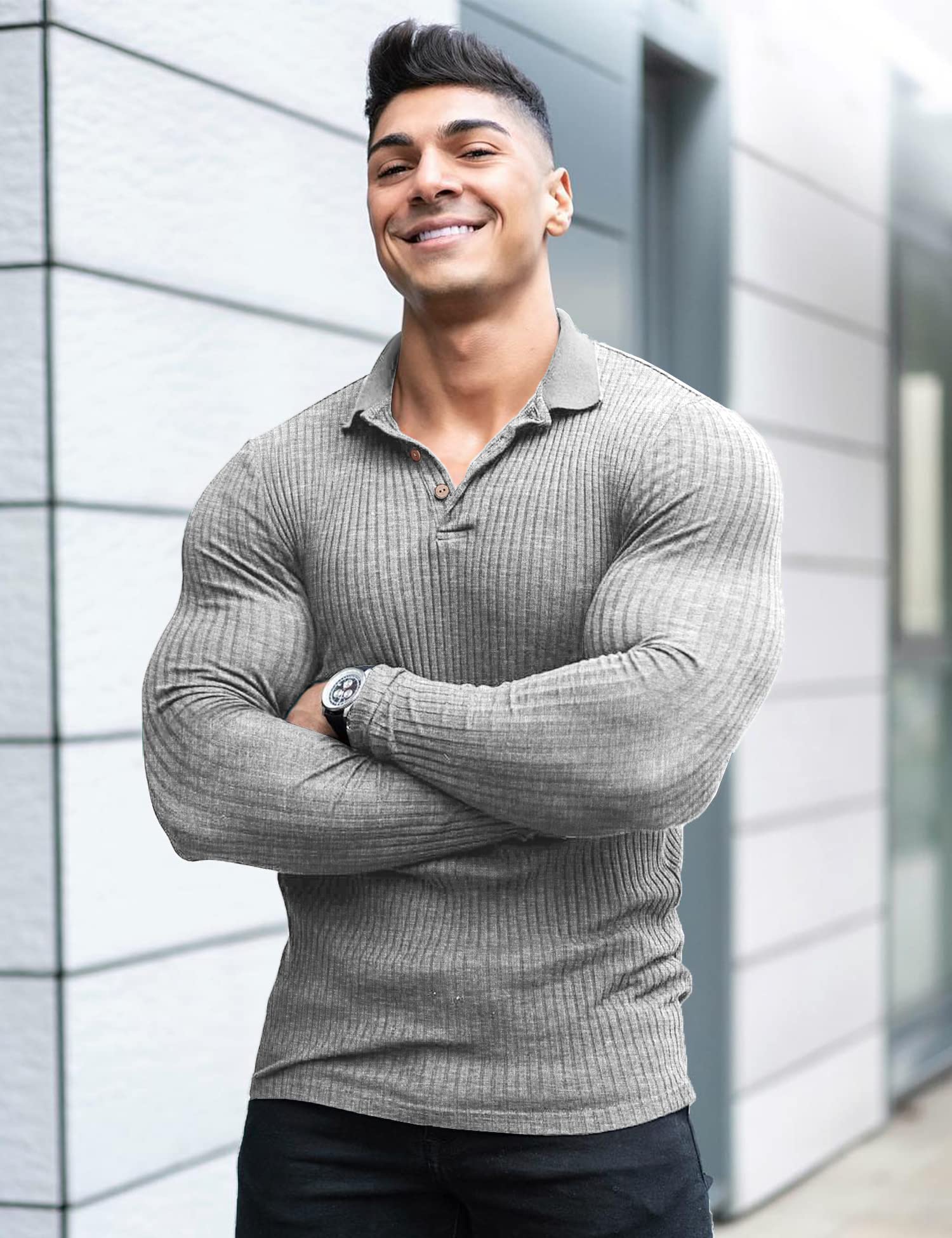 Men's Muscle Ribbed Texture Solid Color Long Sleeve Polo Shirt