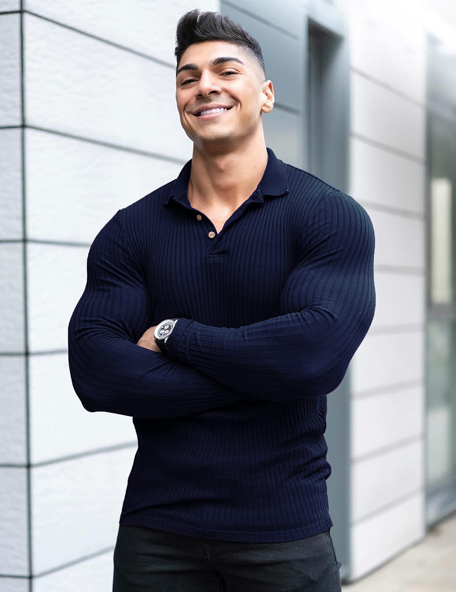 Men's Muscle Ribbed Texture Solid Color Long Sleeve Polo Shirt