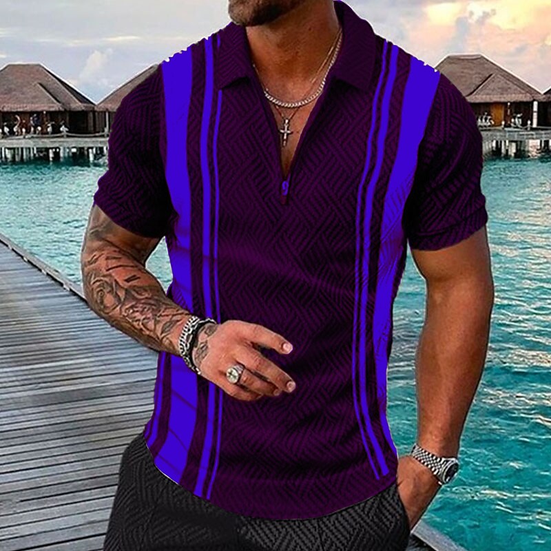 Men's Striped Turndown Street Casual Zipper Polo T-shirt