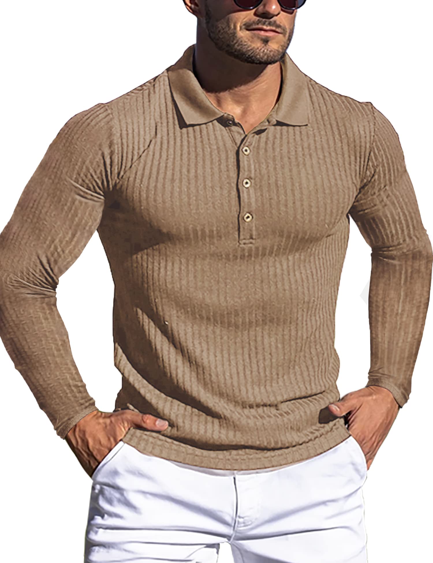 Men's Muscle Ribbed Texture Solid Color Long Sleeve Polo Shirt