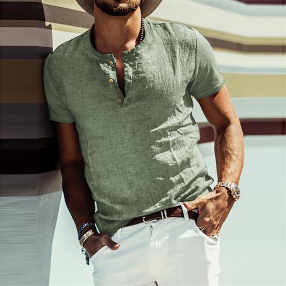 Men's Cotton Linen Short Sleeve Button Down Shirt