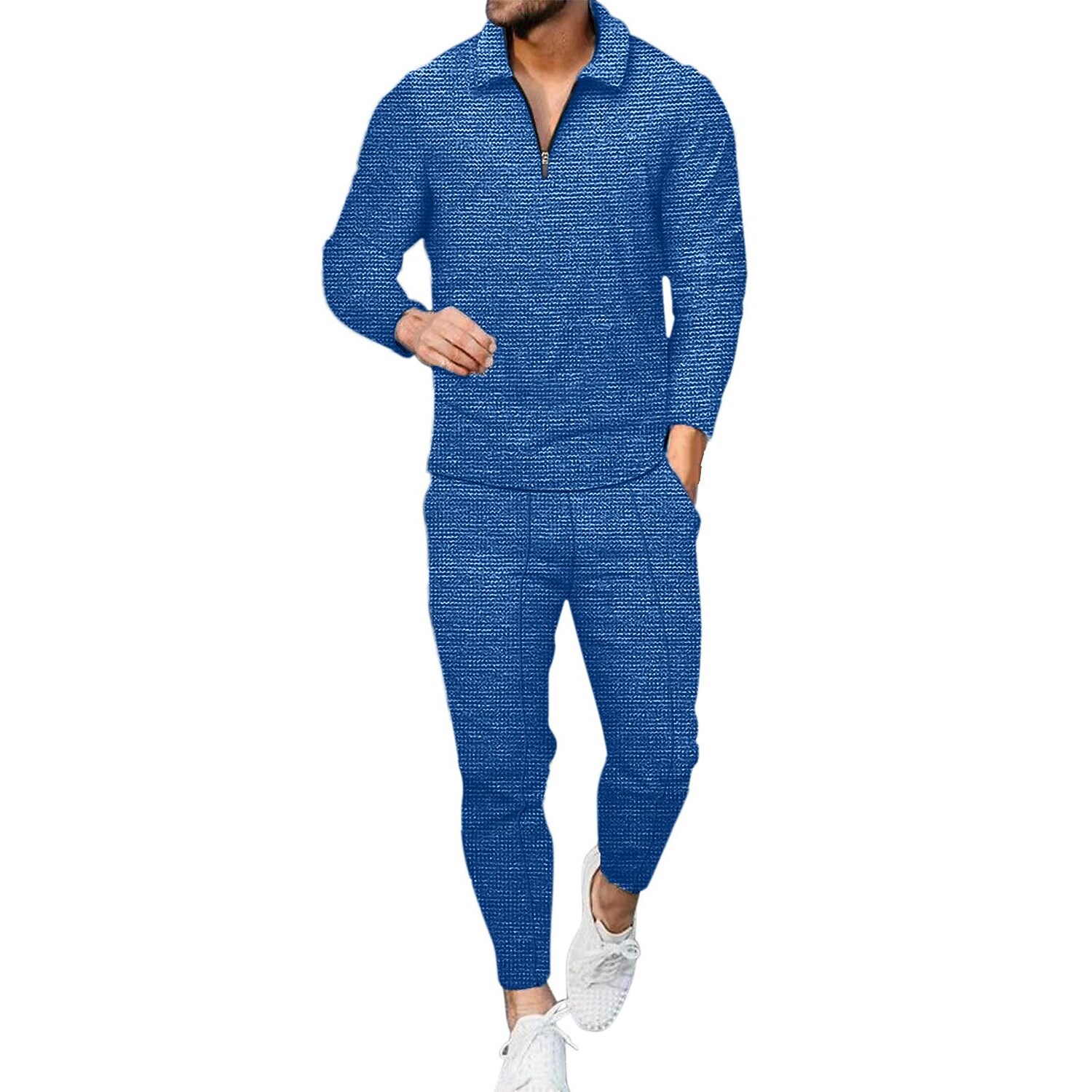 Men's Waffle Set Solid Color Turndown Casual Sports Zipper Long Sleeve Pants Sports Two-Piece Set