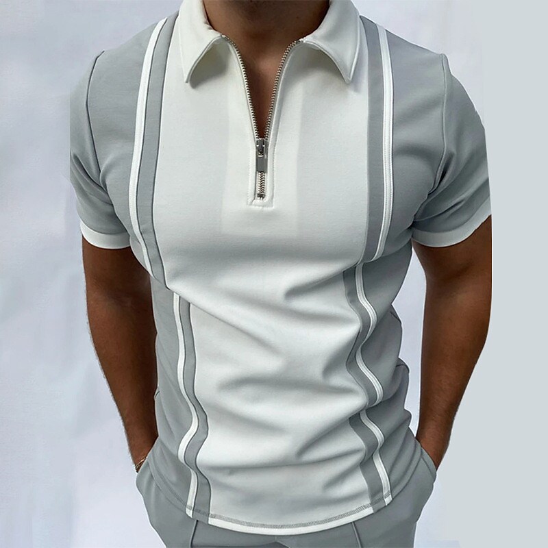 Men's Golf Shirt Striped Turndown Casual Daily Zipper Print