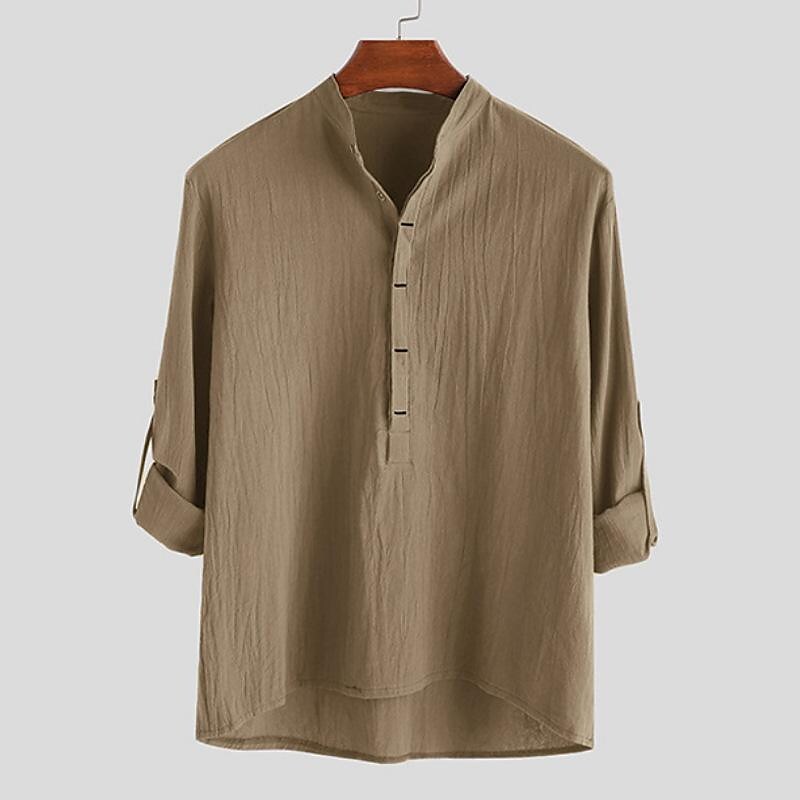 Men's Solid Color Simple Loose Stand Collar Cotton Linen Long Sleeve Shirt