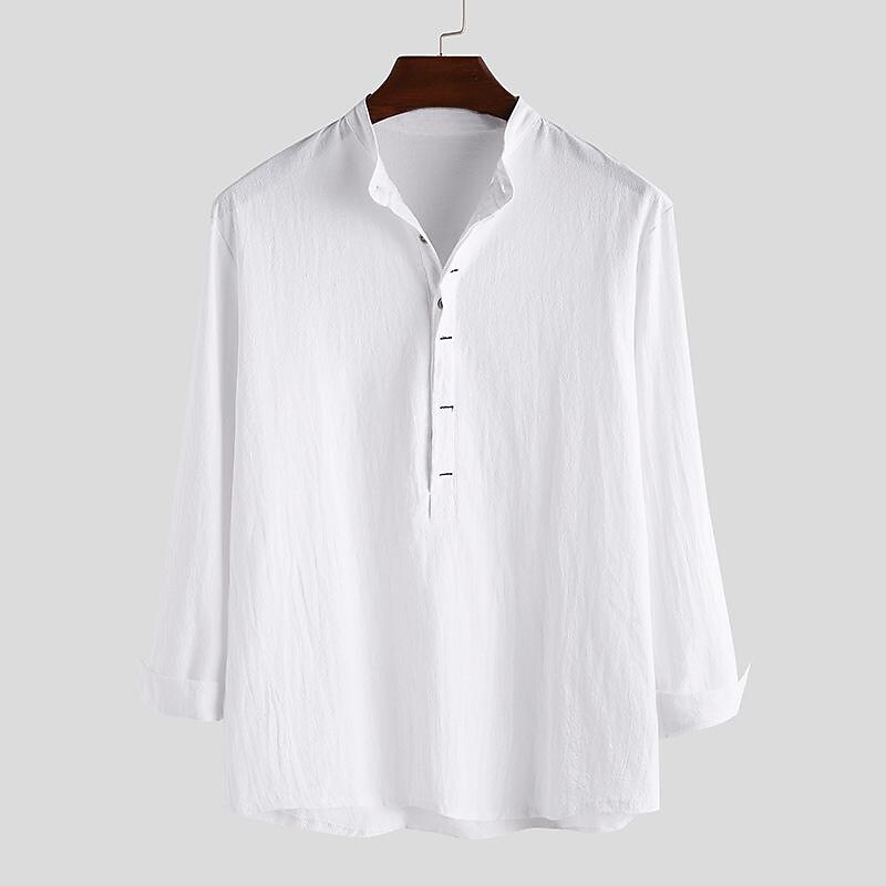 Men's Solid Color Simple Loose Stand Collar Cotton Linen Long Sleeve Shirt