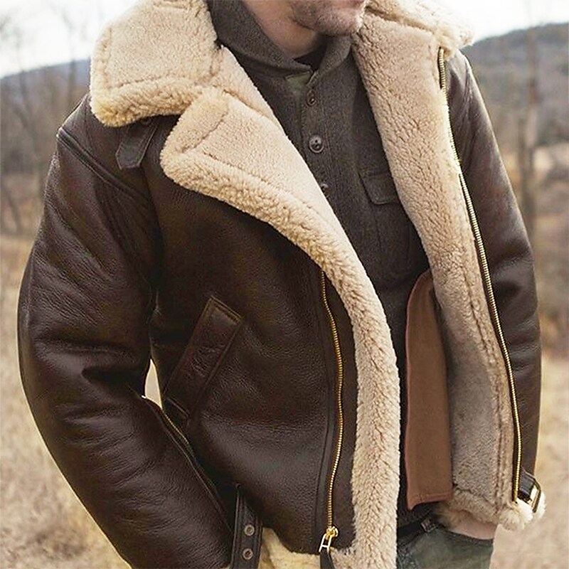 Men's Faux-Shearling Solid Color Leather Jacket Warm Windproof Outdoor