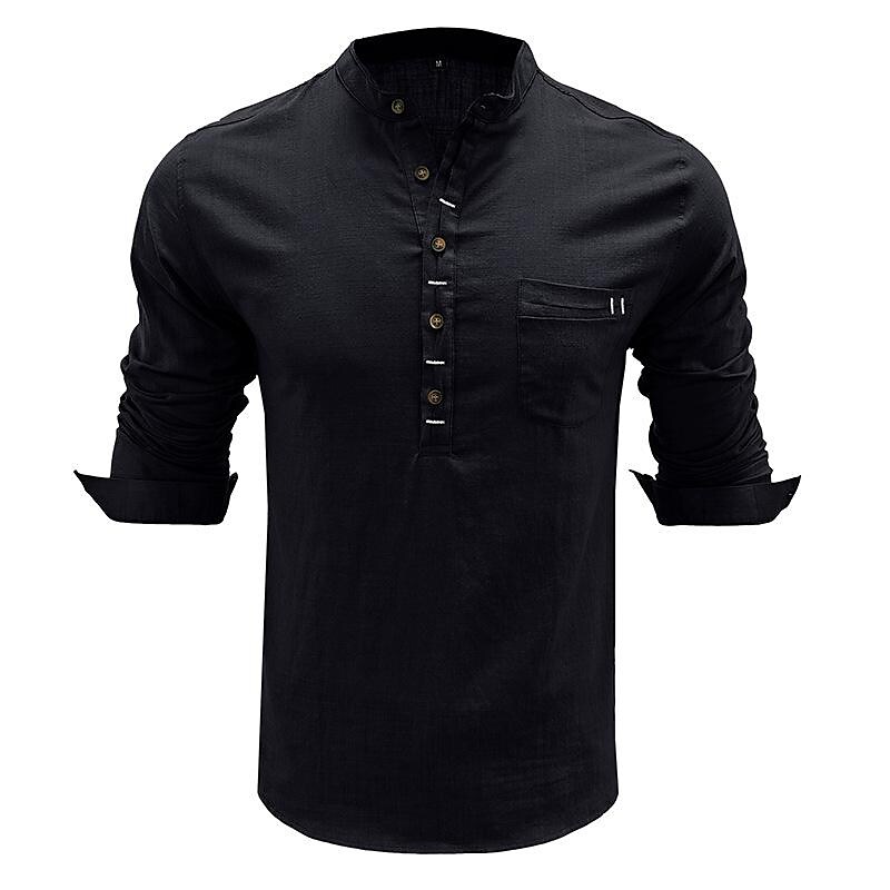 Men's Cotton Linen Slub Cotton Henley Collar Long Sleeve Shirt