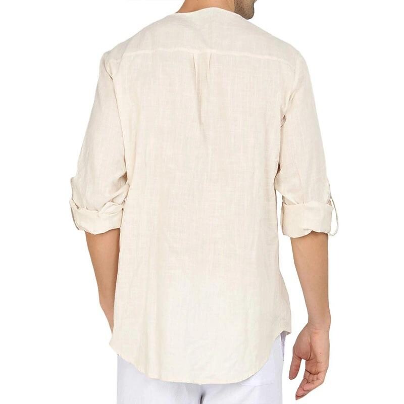 Men's Cotton Linen Solid Color Long Sleeve Shirt