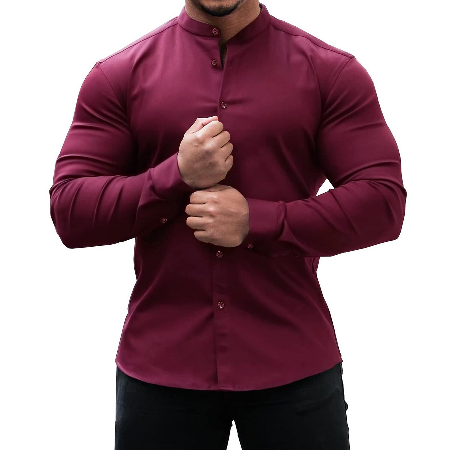 Men's Solid Color Stand Collar Slim Fit Stretch Long Sleeve Shirt