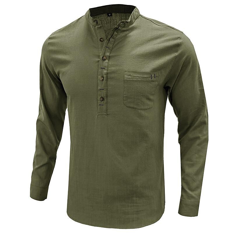 Men's Cotton Linen Slub Cotton Henley Collar Long Sleeve Shirt