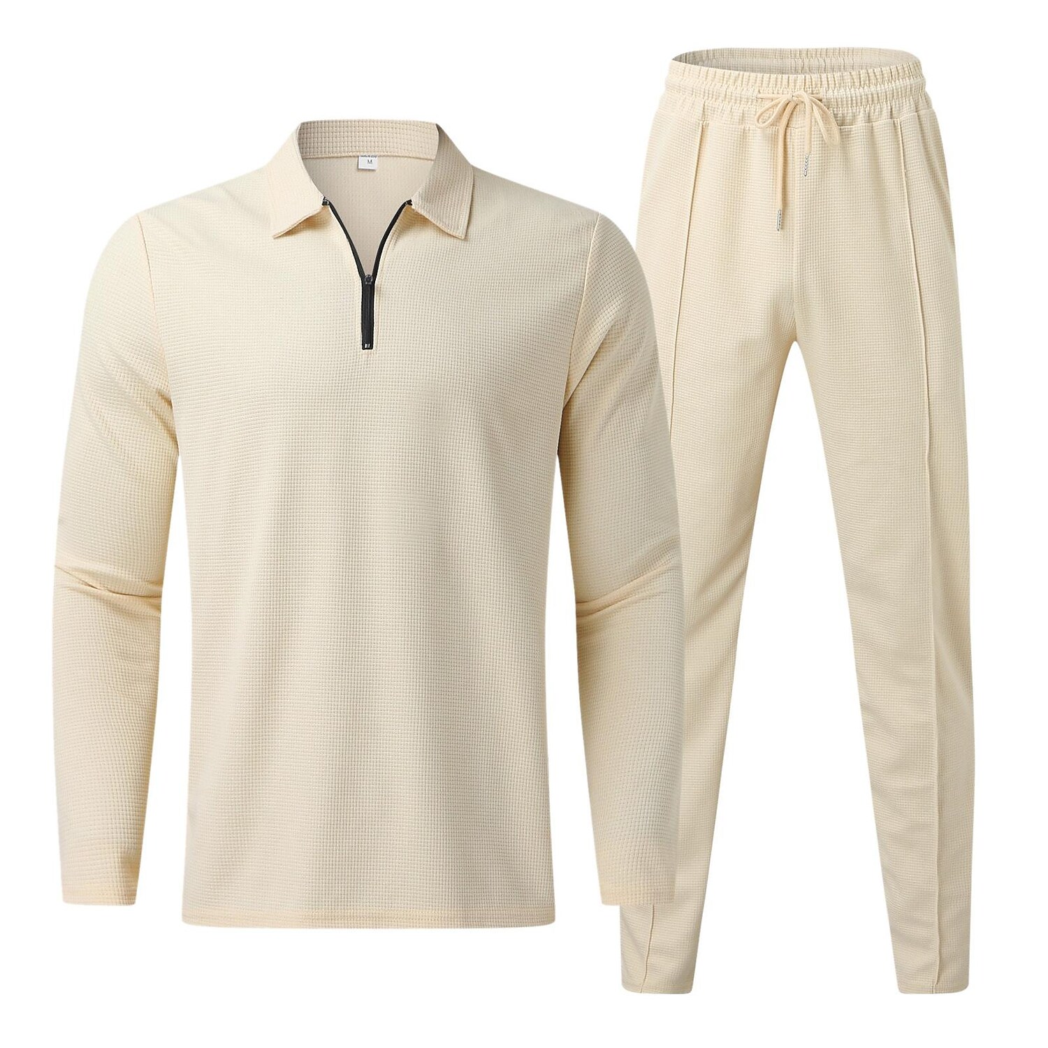 Men's Waffle Set Solid Color Turndown Casual Sports Zipper Long Sleeve Pants Sports Two-Piece Set