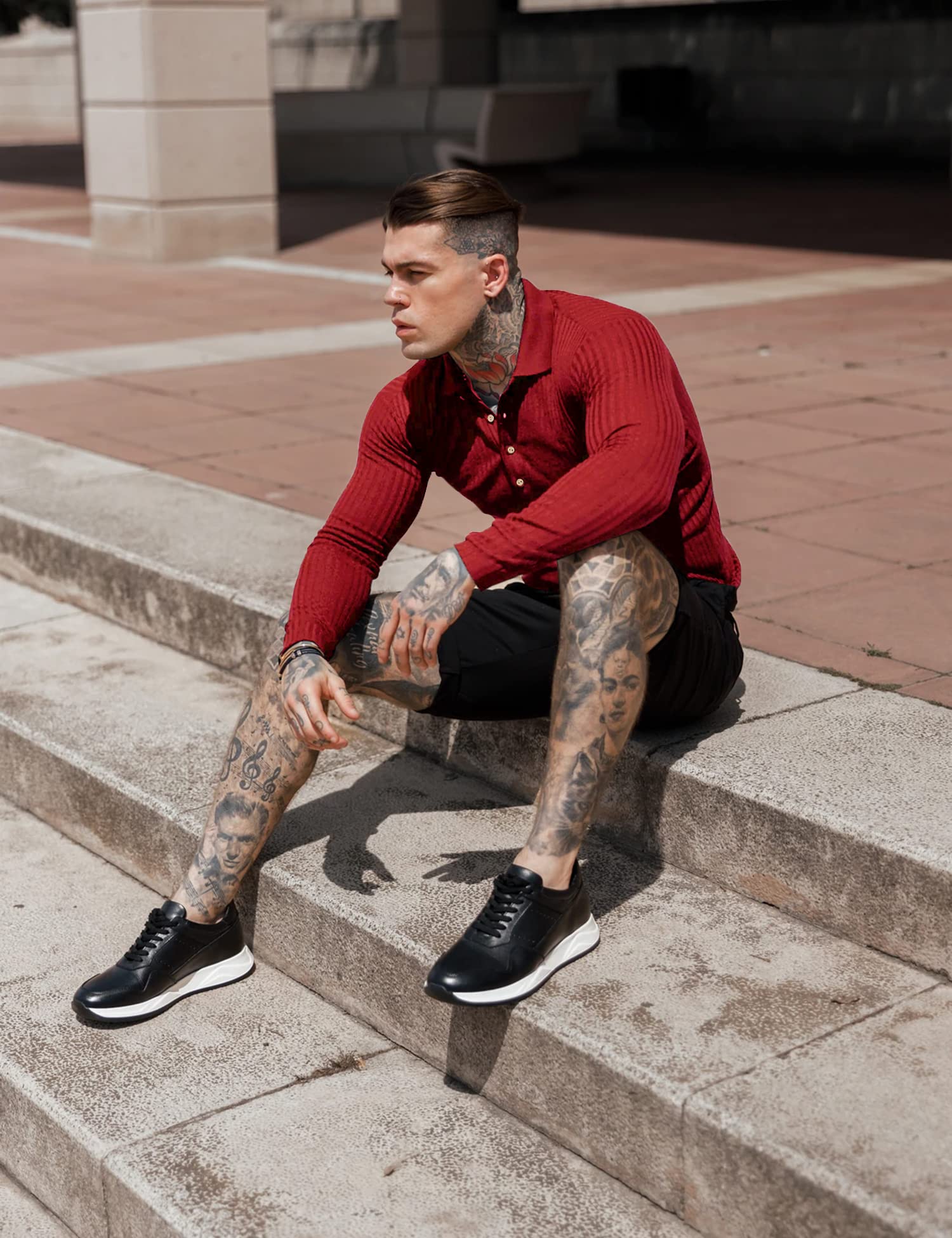 Men's Muscle Ribbed Texture Solid Color Long Sleeve Polo Shirt