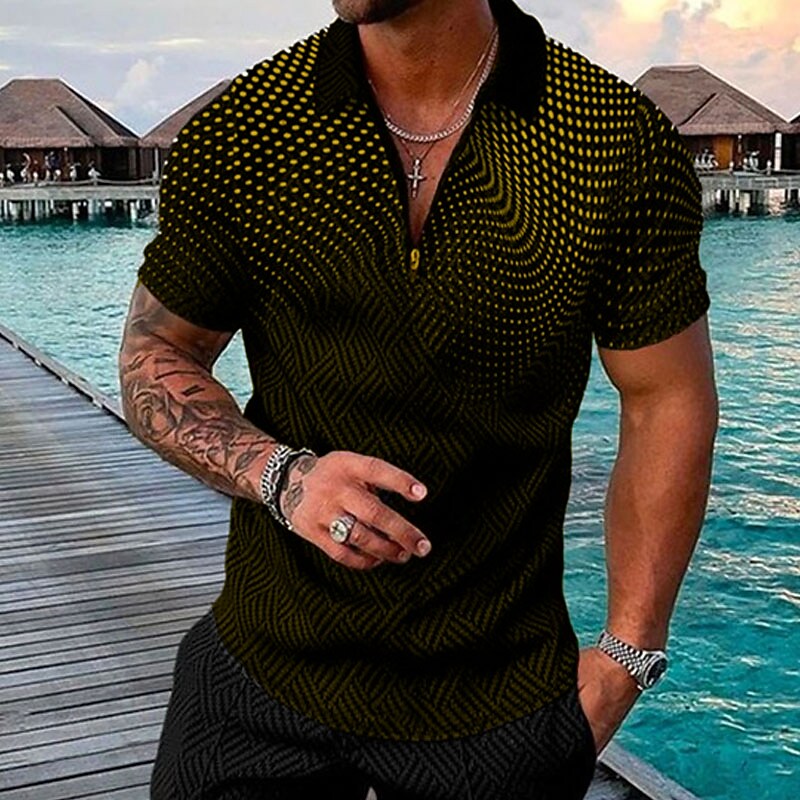 Men's Polka Dot Turndown Street Casual Short Sleeve Zipper Polo T Shirt