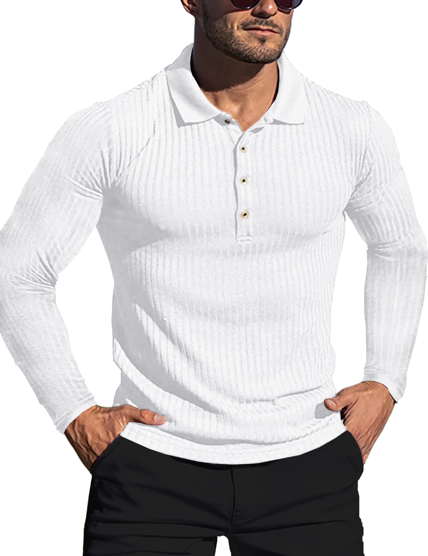 Men's Muscle Ribbed Texture Solid Color Long Sleeve Polo Shirt