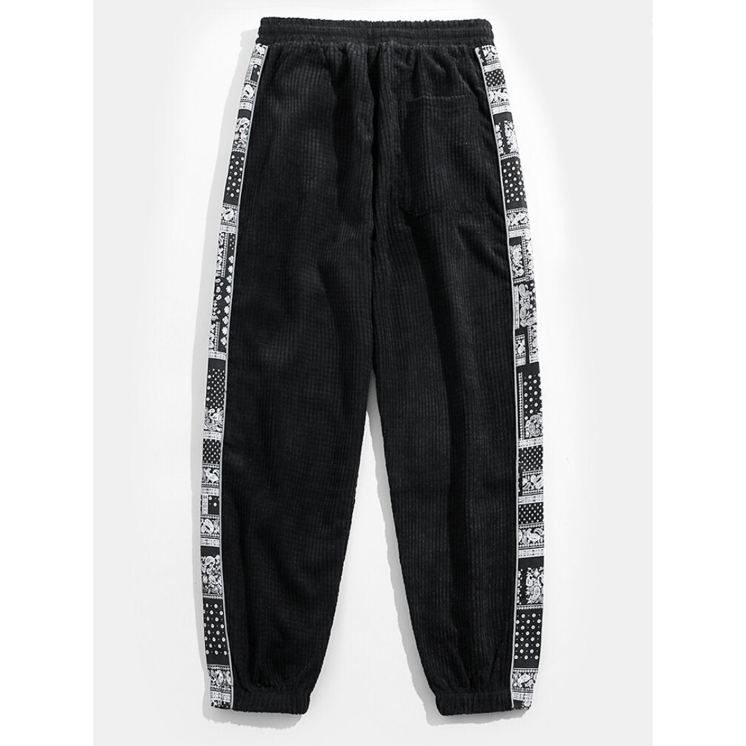 Mens Corduroy Paisley Print Patchwork Casual Drawstring Cuffed Pants