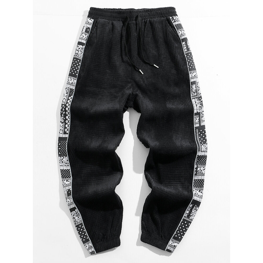 Mens Corduroy Paisley Print Patchwork Casual Drawstring Cuffed Pants