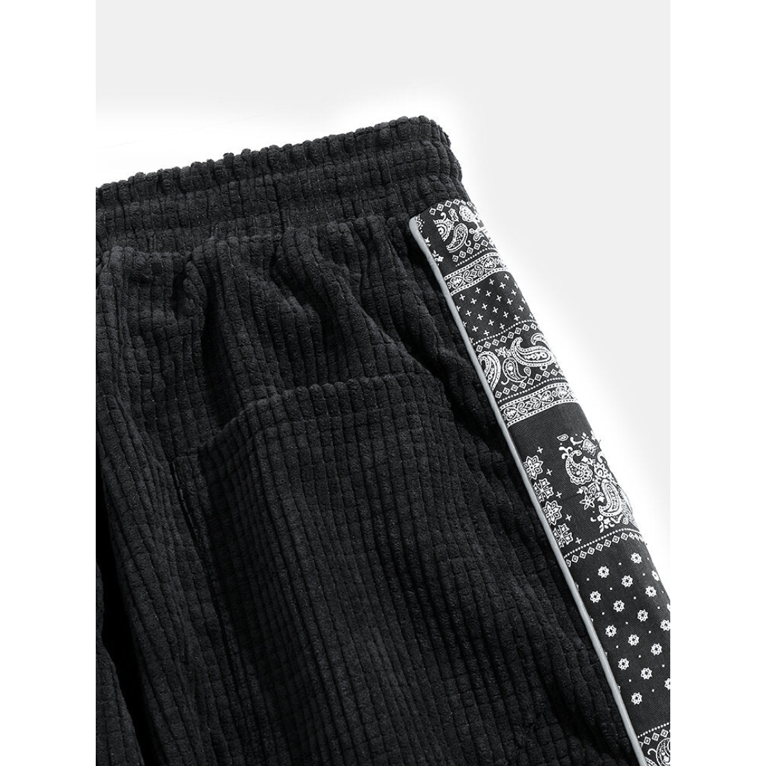Mens Corduroy Paisley Print Patchwork Casual Drawstring Cuffed Pants