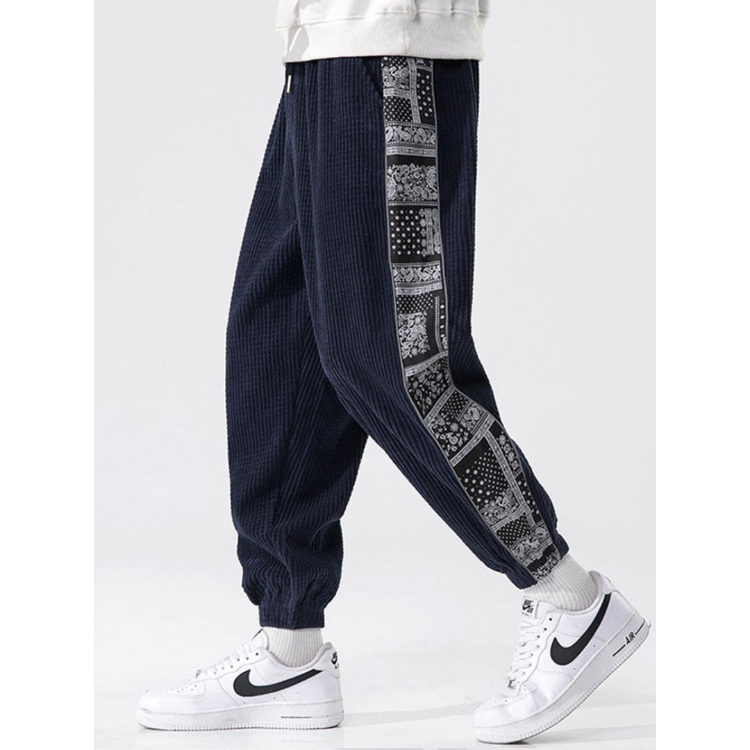 Mens Corduroy Paisley Print Patchwork Casual Drawstring Cuffed Pants