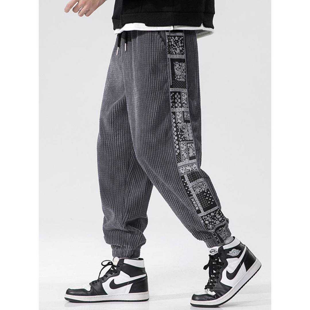 Mens Corduroy Paisley Print Patchwork Casual Drawstring Cuffed Pants